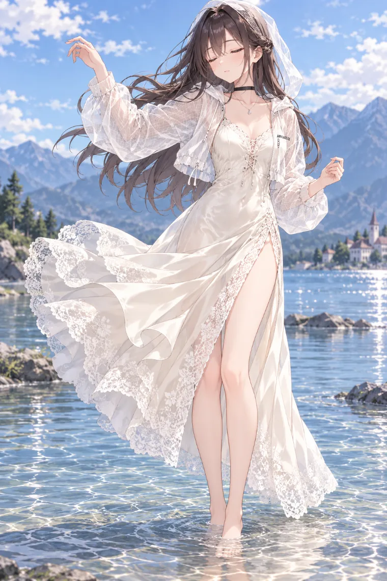 AIイラスト版｜浅瀬で両腕とドレスを風に浮かせるポーズ｜風に反応する女の子のポーズ