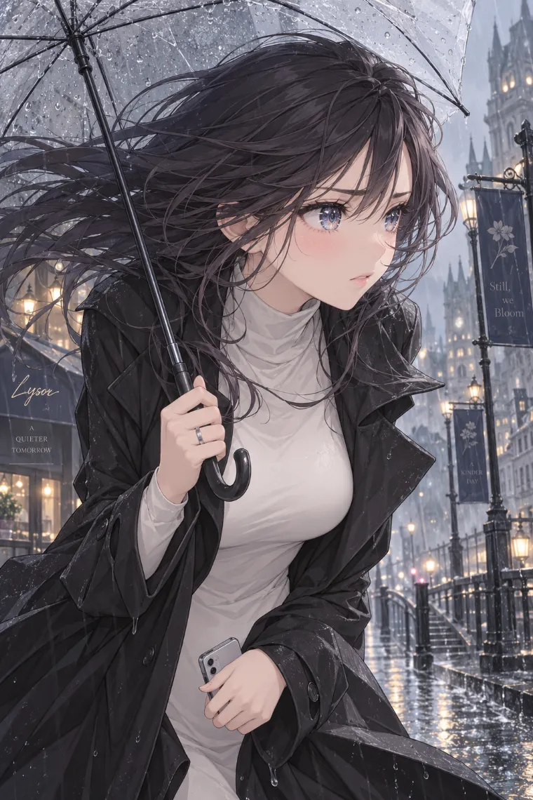 AIイラスト版｜雨風の中で傘を支えて前傾するポーズ｜風に反応する女の子のポーズ