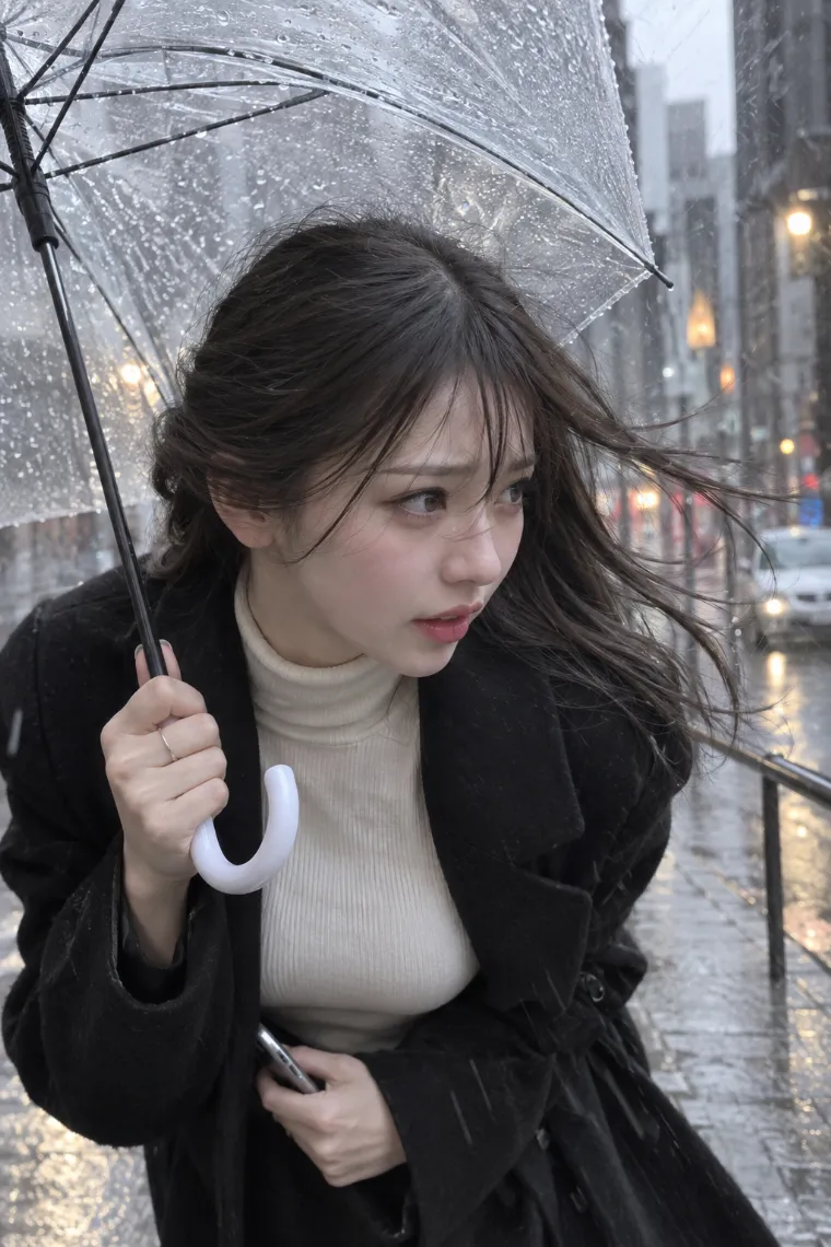 実写AI版｜雨風の中で傘を支えて前傾するポーズ｜風に反応する女の子のポーズ