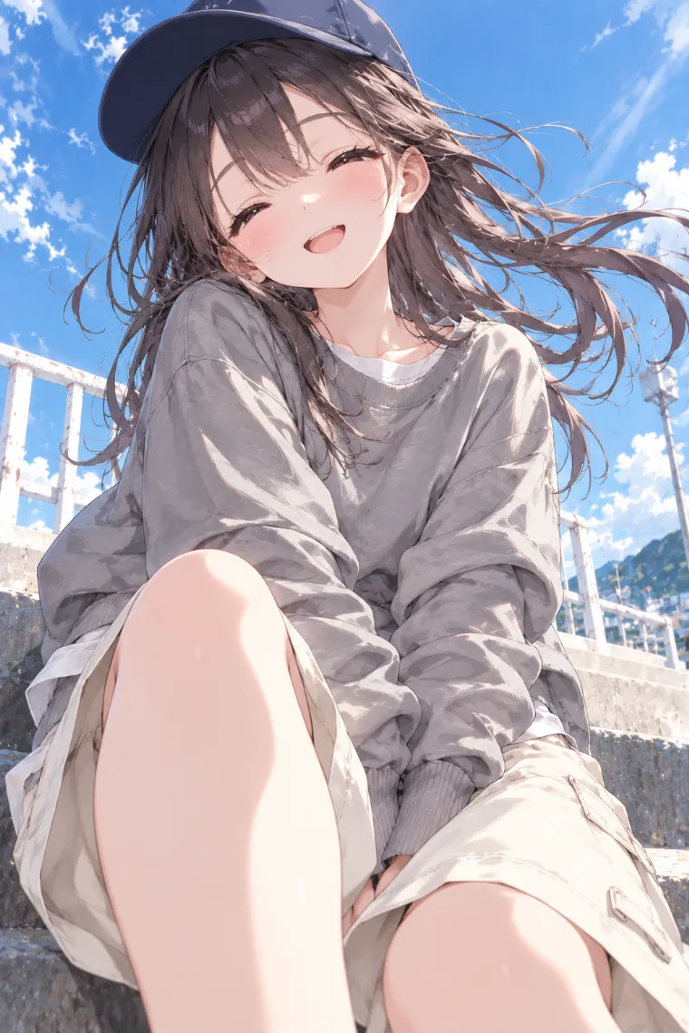 AIイラスト版｜膝を前景に入れて風を受けながら笑うポーズ｜風に反応する女の子のポーズ