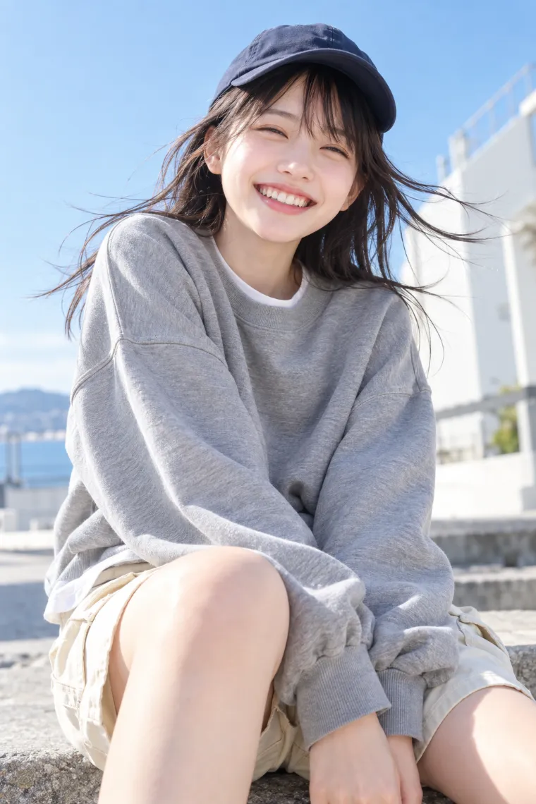 実写AI版｜膝を前景に入れて風を受けながら笑うポーズ｜風に反応する女の子のポーズ