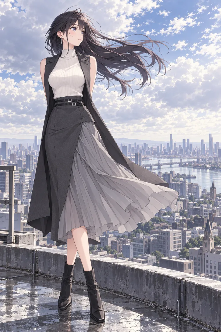 AIイラスト版｜屋上で髪とスカートを強風になびかせるポーズ｜風に反応する女の子のポーズ