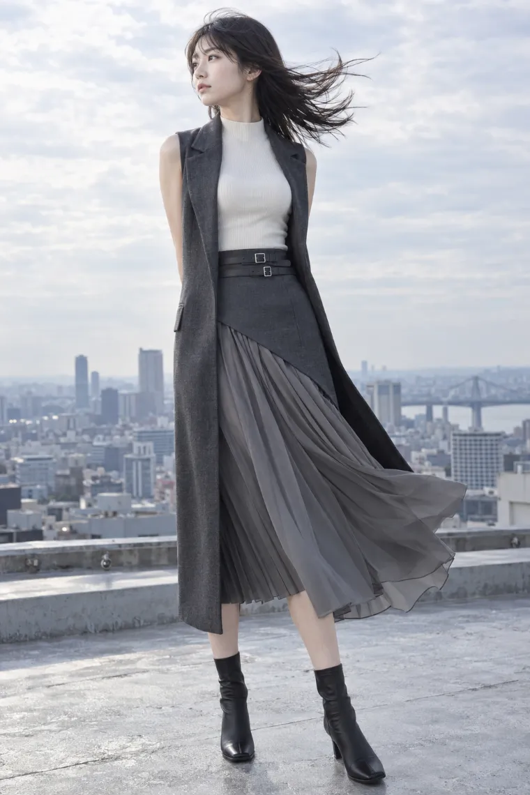 実写AI版｜屋上で髪とスカートを強風になびかせるポーズ｜風に反応する女の子のポーズ
