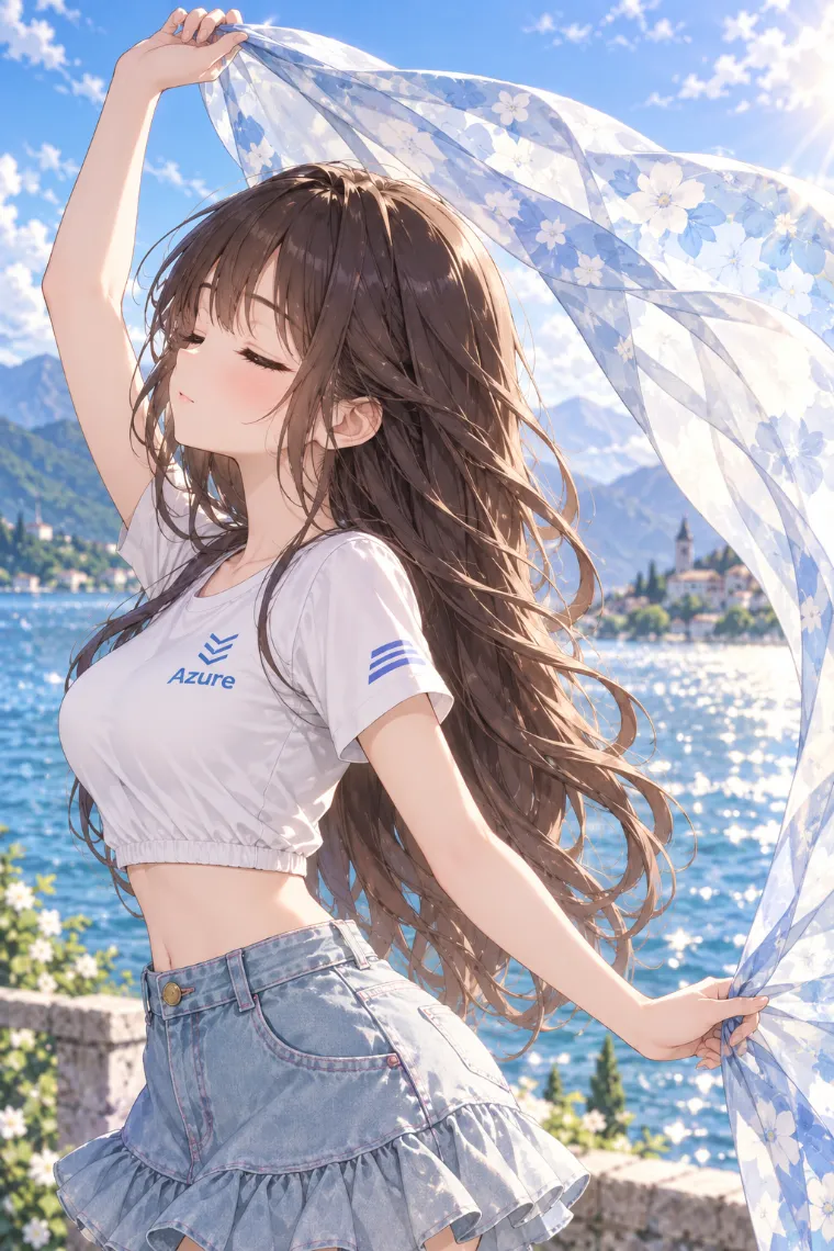 AIイラスト版｜スカーフを頭上へ大きく渡す横顔ポーズ｜風に反応する女の子のポーズ