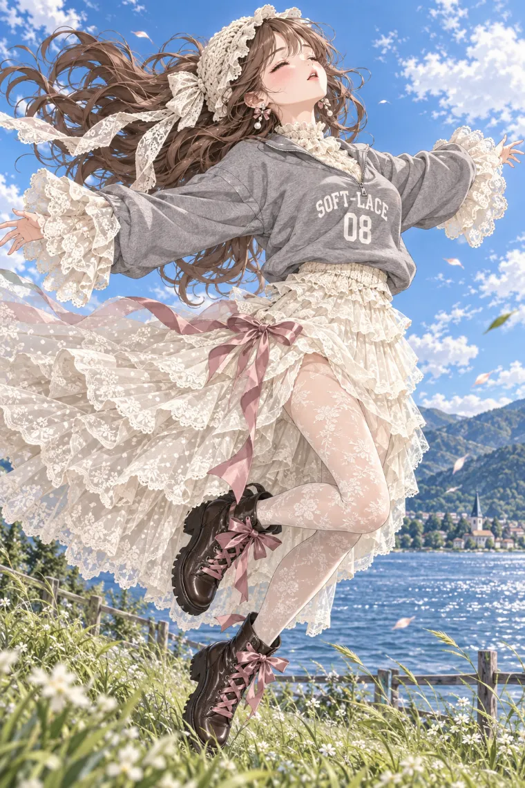 AIイラスト版｜湖畔で両腕を開いて跳ぶポーズ｜風に反応する女の子のポーズ