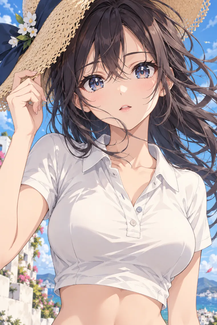 AIイラスト版｜帽子を持ち上げて風になびく髪を見せるポーズ｜風に反応する女の子のポーズ