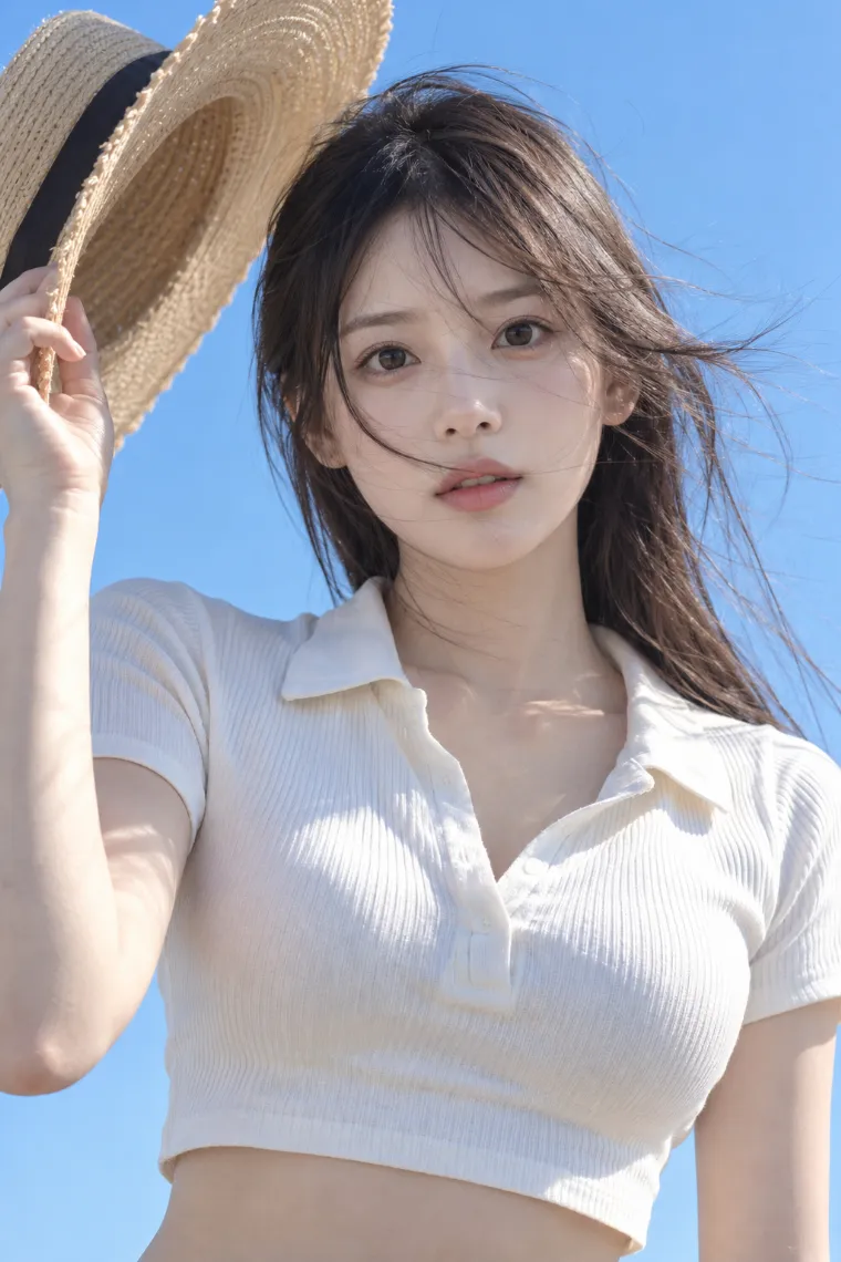 実写AI版｜帽子を持ち上げて風になびく髪を見せるポーズ｜風に反応する女の子のポーズ