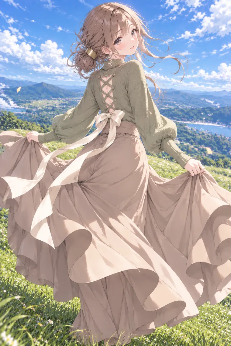 AIイラスト版｜両手でスカートを広げて肩越しに振り返るポーズ｜風に反応する女の子のポーズ