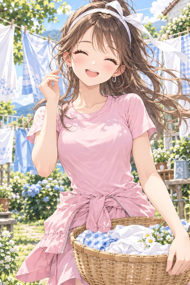 AIイラスト版｜風に揺れる洗濯物の間で手を上げて笑うポーズ｜風に反応する女の子のポーズ