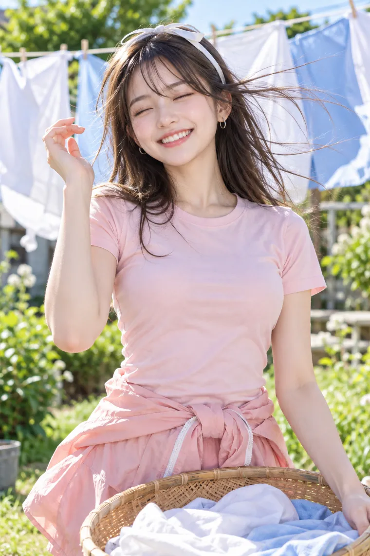 実写AI版｜風に揺れる洗濯物の間で手を上げて笑うポーズ｜風に反応する女の子のポーズ