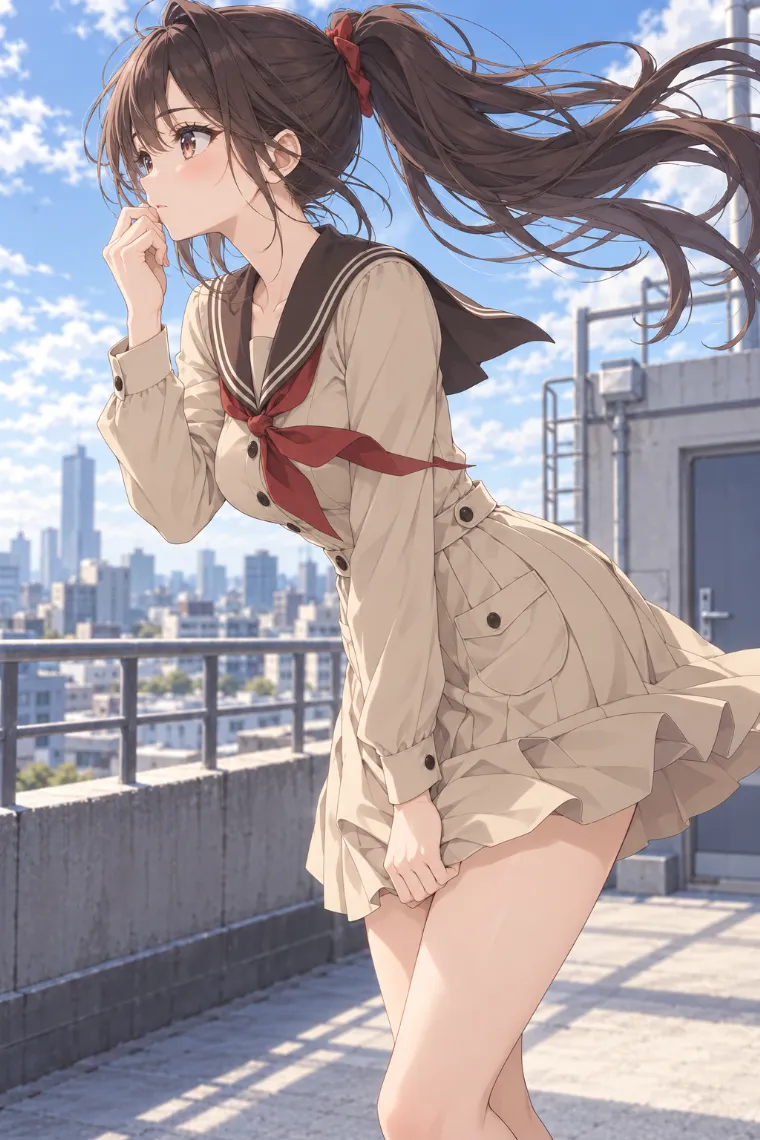 AIイラスト版｜口元とスカートを守って強風へ前傾するポーズ｜風に反応する女の子のポーズ