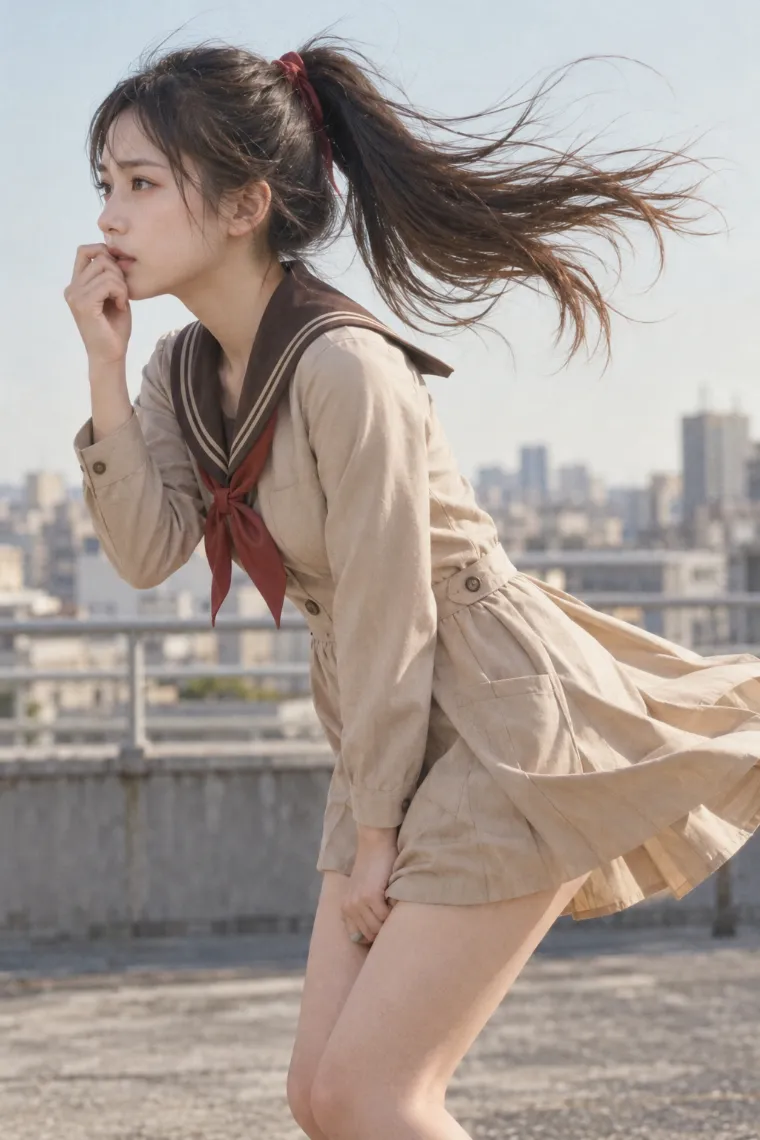 実写AI版｜口元とスカートを守って強風へ前傾するポーズ｜風に反応する女の子のポーズ