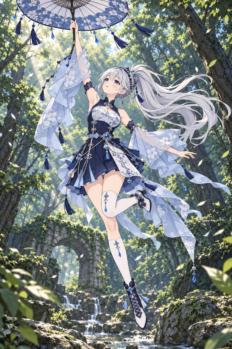 AIイラスト版｜パラソルを掲げて片脚を後ろへ上げるポーズ｜風に反応する女の子のポーズ