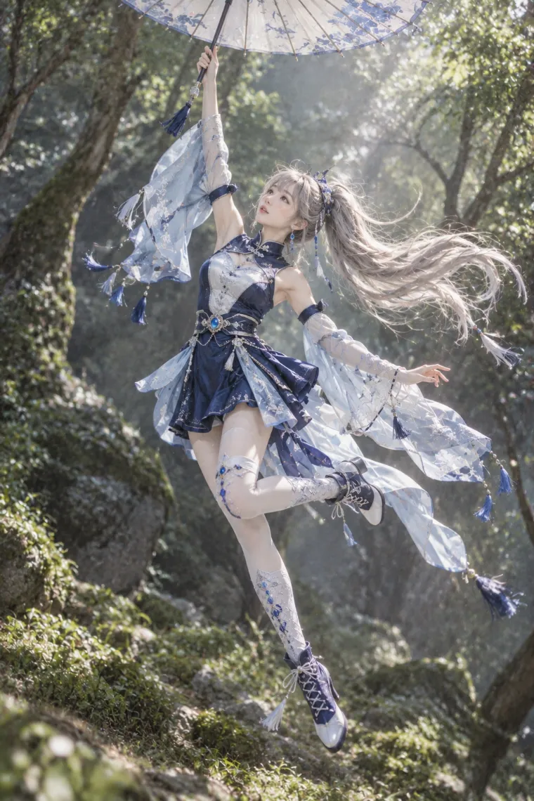 実写AI版｜パラソルを掲げて片脚を後ろへ上げるポーズ｜風に反応する女の子のポーズ