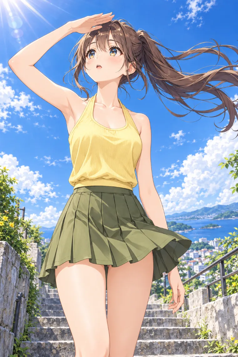 AIイラスト版｜日差しを手で遮りながら風上を見るポーズ｜風に反応する女の子のポーズ