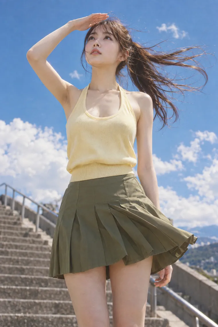 実写AI版｜日差しを手で遮りながら風上を見るポーズ｜風に反応する女の子のポーズ
