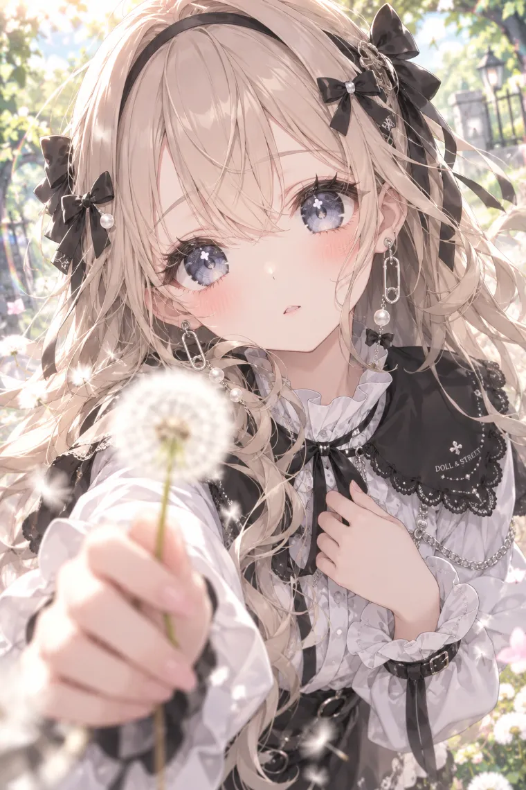 AIイラスト版｜綿毛をカメラへ差し出すポーズ｜風に反応する女の子のポーズ