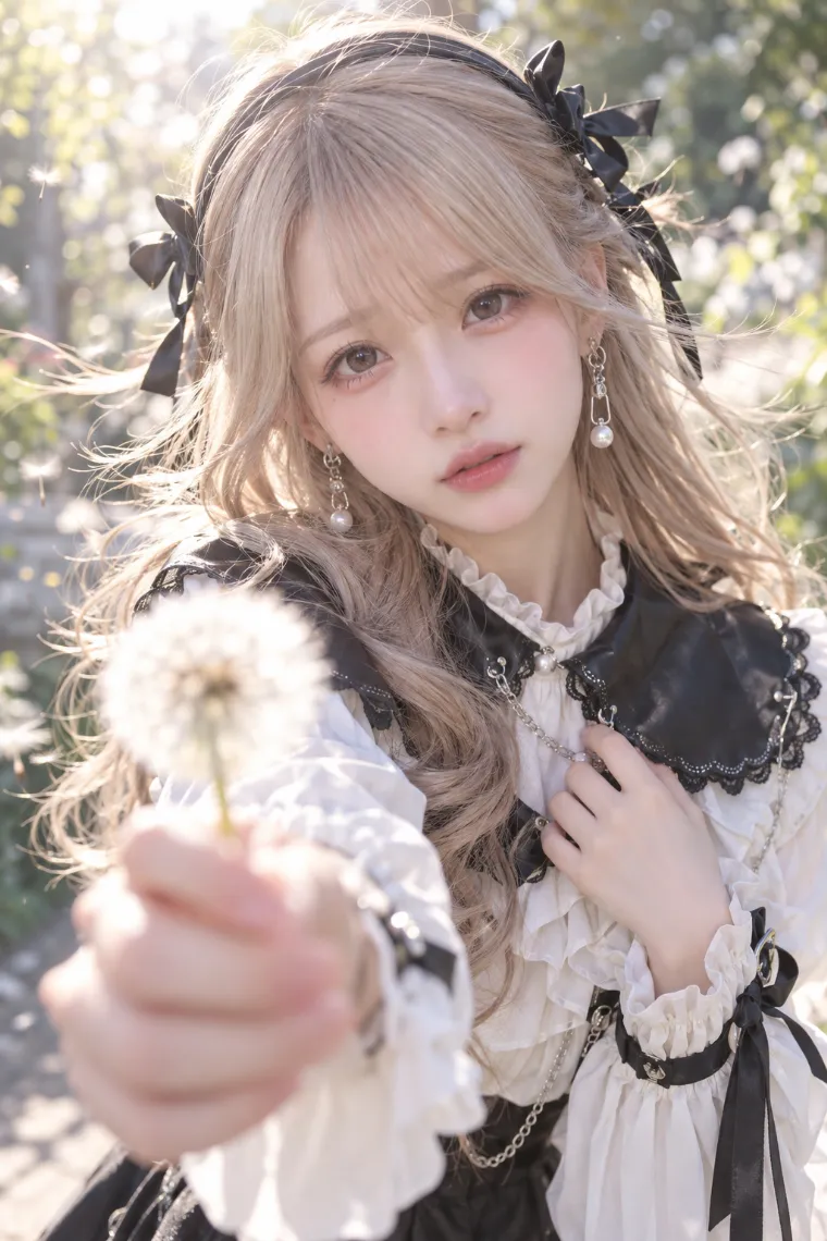 実写AI版｜綿毛をカメラへ差し出すポーズ｜風に反応する女の子のポーズ