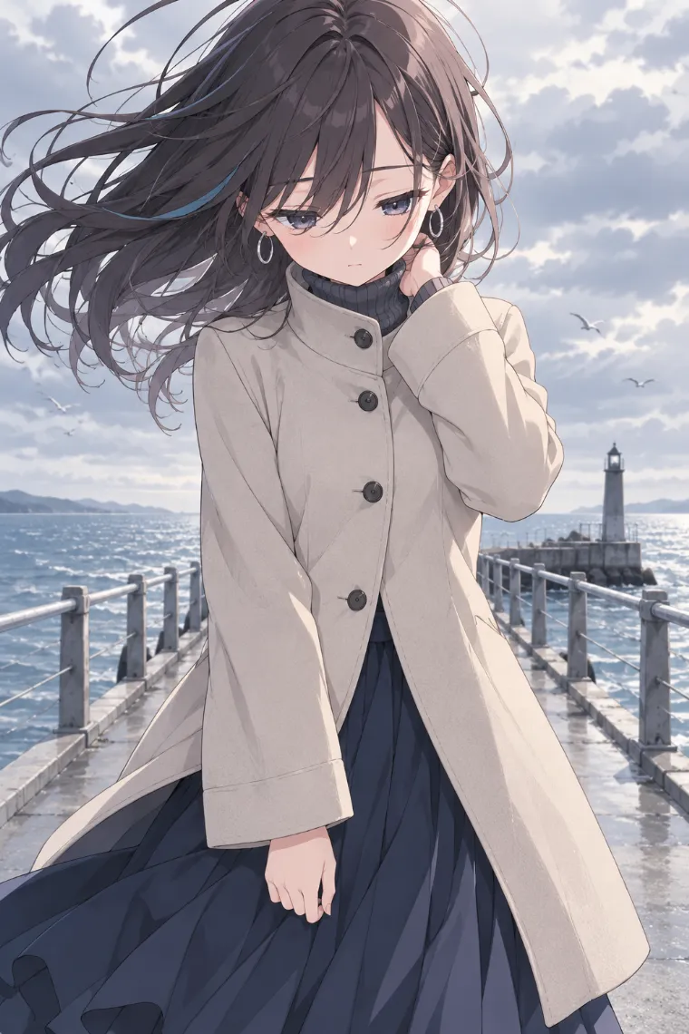 AIイラスト版｜首元に手を添えて伏し目になるポーズ｜風に反応する女の子のポーズ