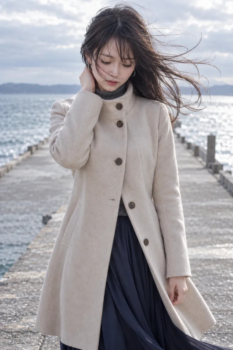実写AI版｜首元に手を添えて伏し目になるポーズ｜風に反応する女の子のポーズ