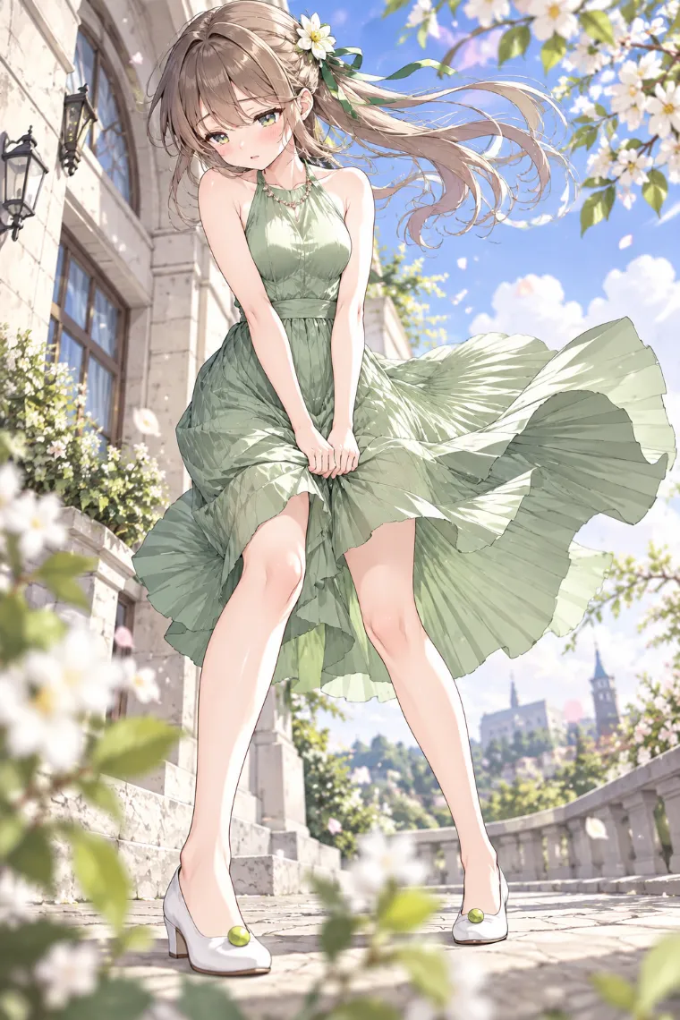 AIイラスト版｜両手でスカートを押さえて強風に耐えるポーズ｜風に反応する女の子のポーズ