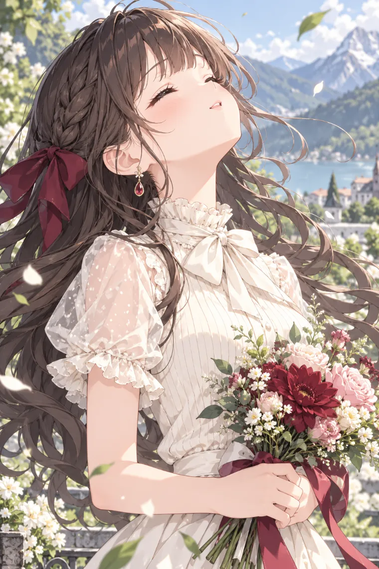 AIイラスト版｜花束を抱えて逆風へ顔を上げるポーズ｜風に反応する女の子のポーズ