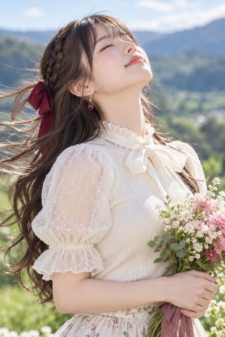 実写AI版｜花束を抱えて逆風へ顔を上げるポーズ｜風に反応する女の子のポーズ