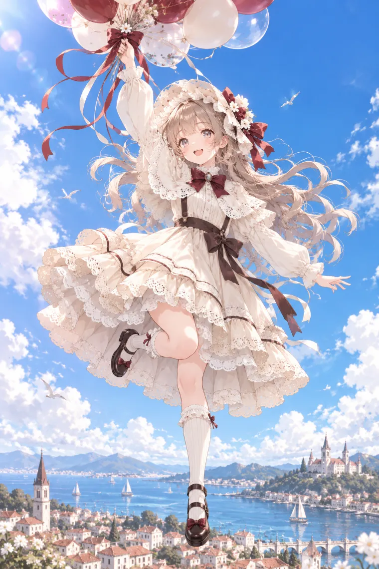 AIイラスト版｜風船に引かれるように空中へ浮かぶポーズ｜風に反応する女の子のポーズ