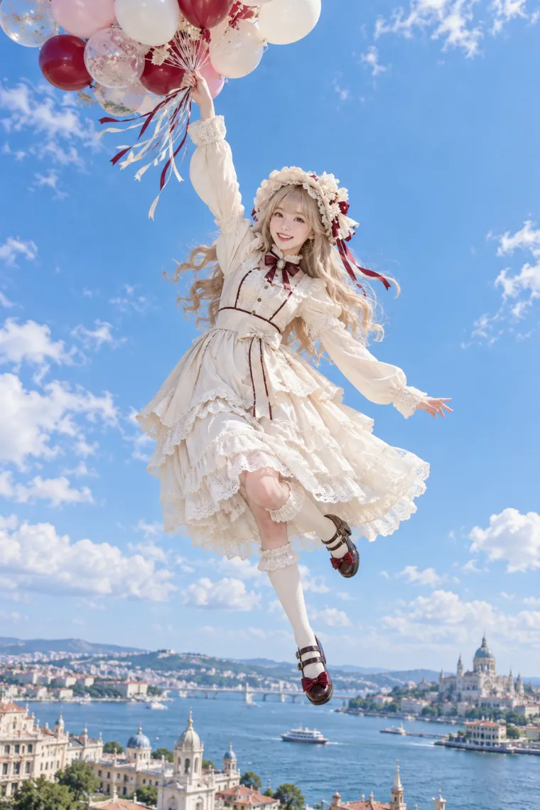 実写AI版｜風船に引かれるように空中へ浮かぶポーズ｜風に反応する女の子のポーズ