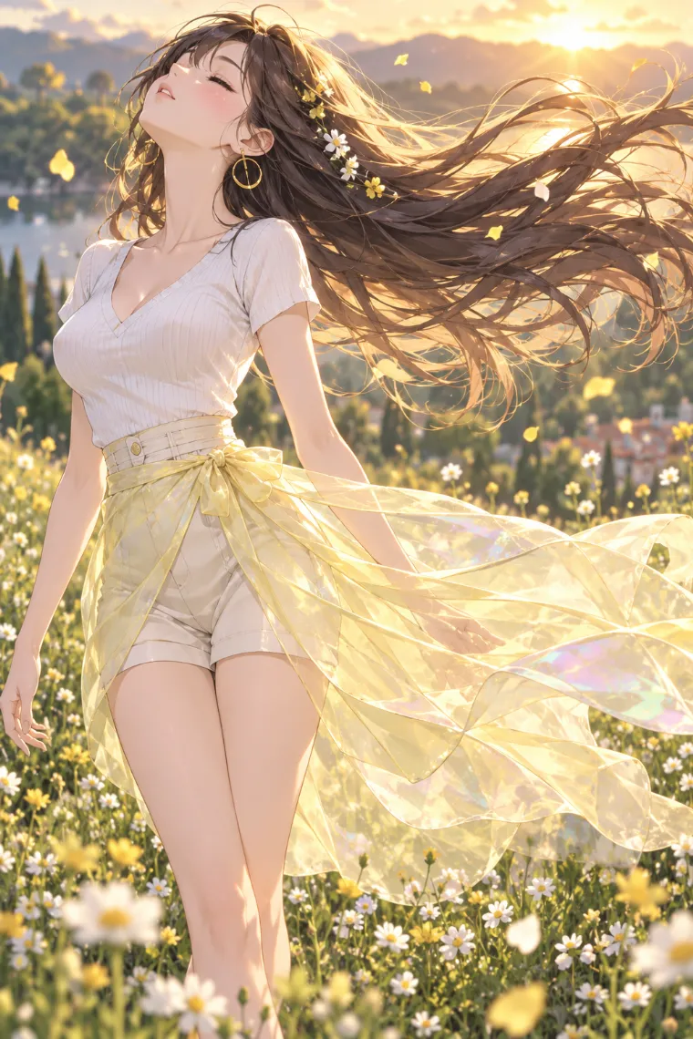 AIイラスト版｜花畑で顔を上げて髪を風に流すポーズ｜風に反応する女の子のポーズ