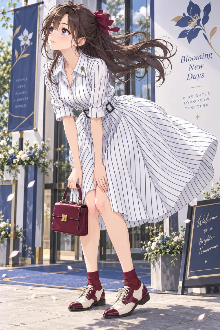 AIイラスト版｜バッグを下げて風へ前傾するポーズ｜風に反応する女の子のポーズ