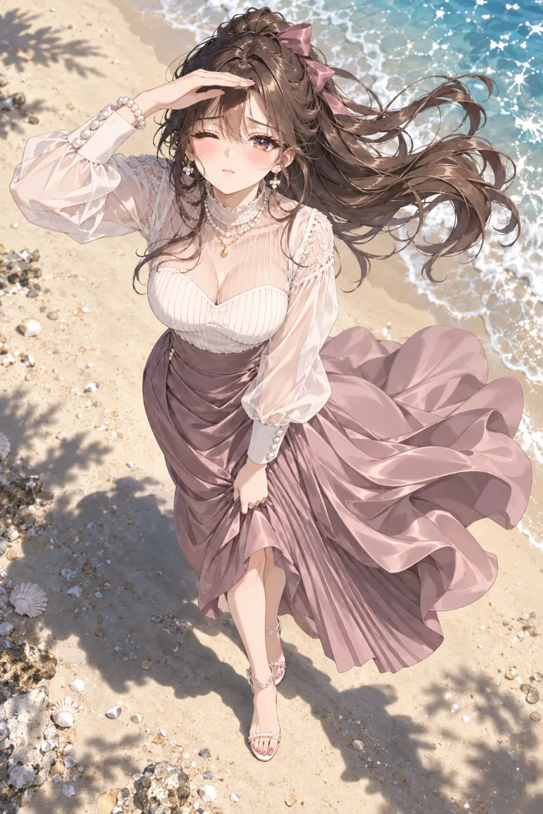 AIイラスト版｜真上から見下ろされて日差しを遮るポーズ｜風に反応する女の子のポーズ