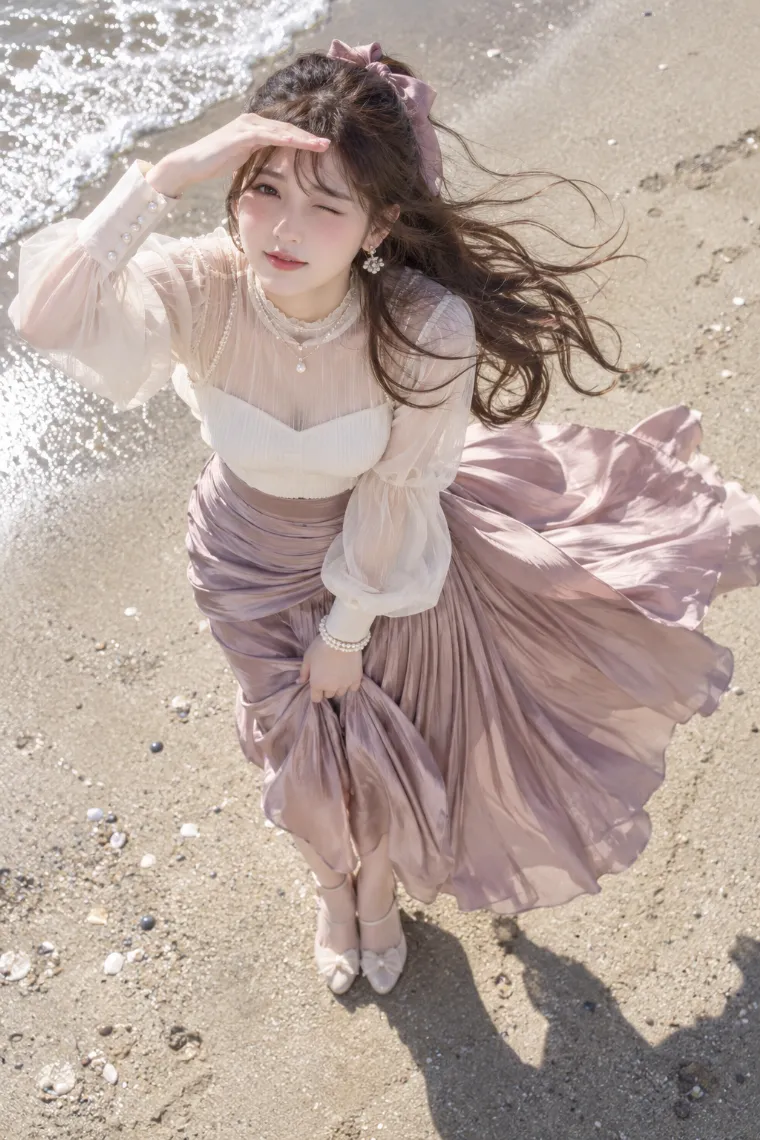実写AI版｜真上から見下ろされて日差しを遮るポーズ｜風に反応する女の子のポーズ