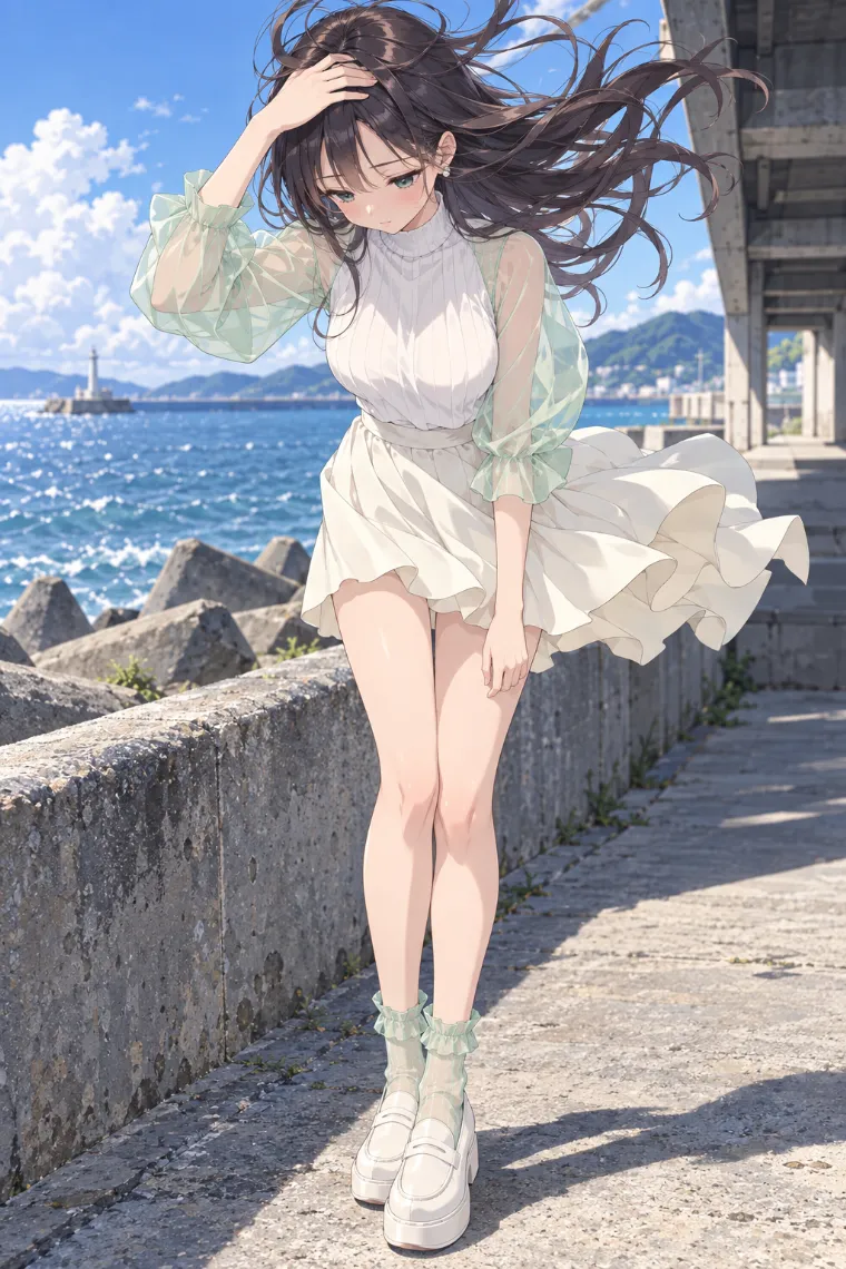 AIイラスト版｜額に手を当てて強風に髪を持ち上げられるポーズ｜風に反応する女の子のポーズ