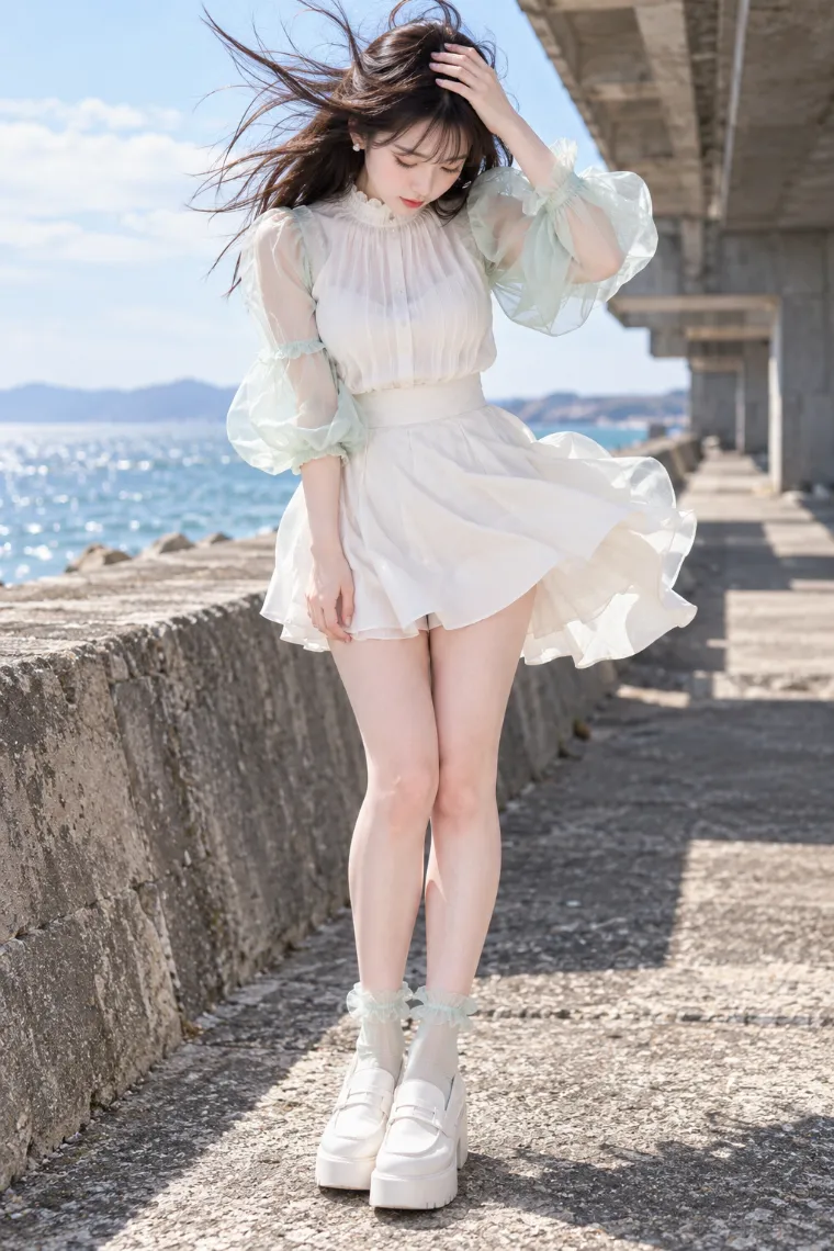 実写AI版｜額に手を当てて強風に髪を持ち上げられるポーズ｜風に反応する女の子のポーズ
