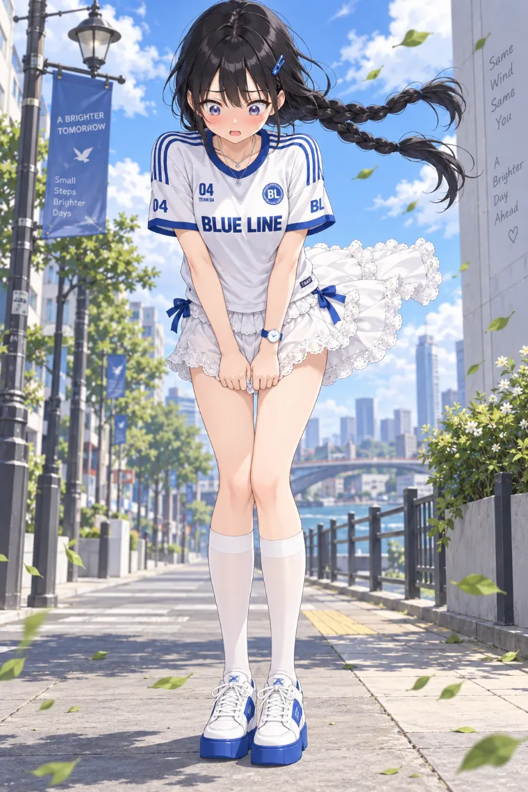 AIイラスト版｜強風で前屈し両手でスカートの裾を押さえるポーズ｜風に反応する女の子のポーズ