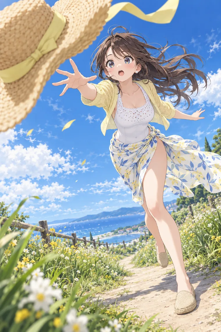 AIイラスト版｜風で飛ぶ帽子へ手を伸ばすポーズ｜風に反応する女の子のポーズ