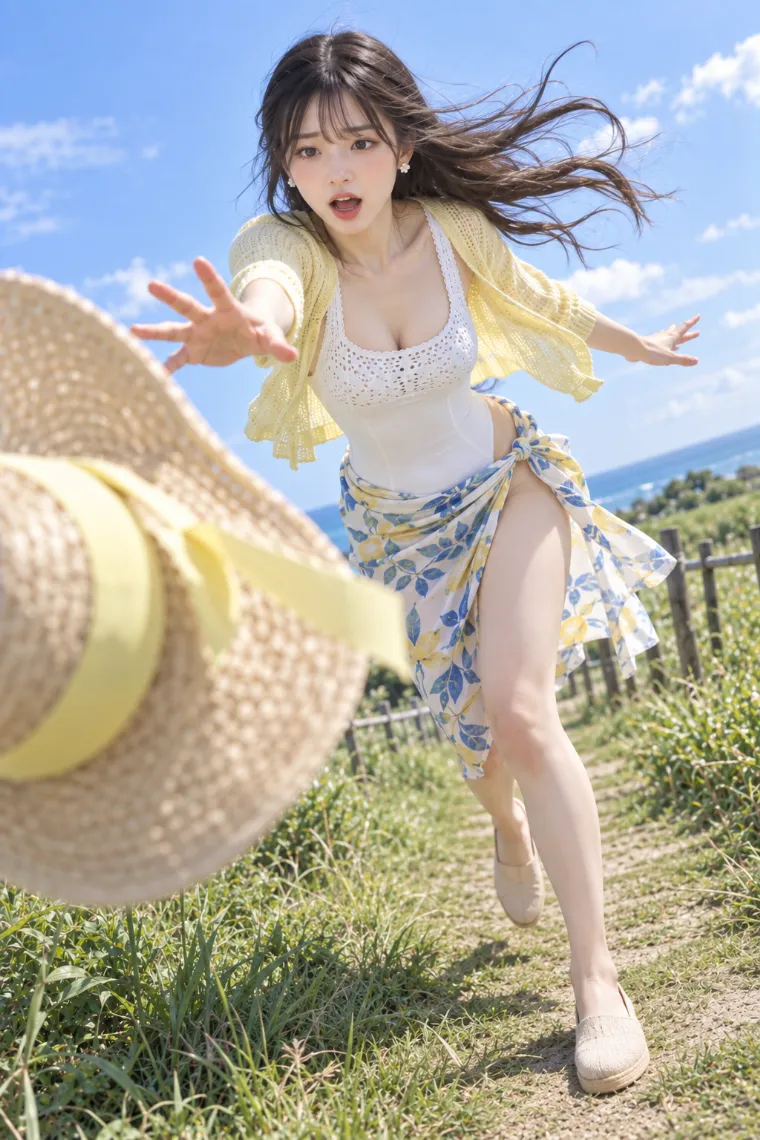 実写AI版｜風で飛ぶ帽子へ手を伸ばすポーズ｜風に反応する女の子のポーズ