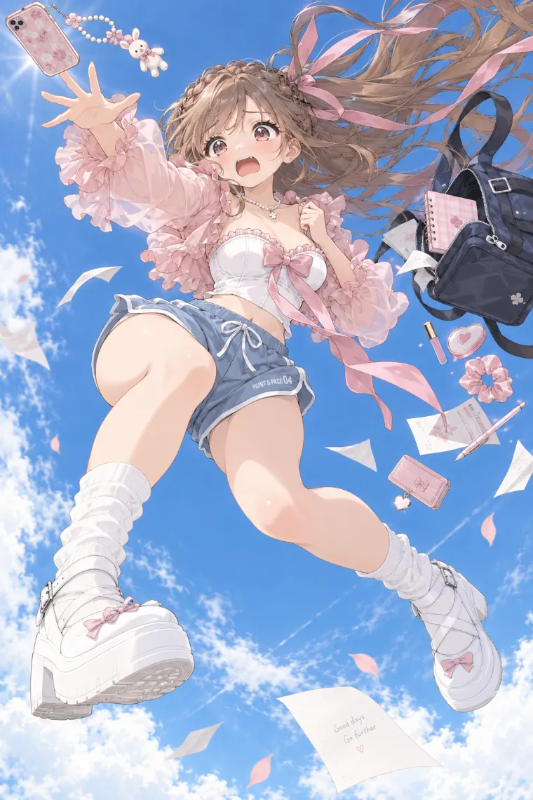 AIイラスト版｜突風で体勢を崩し飛ぶ持ち物へ手を伸ばすポーズ｜風に反応する女の子のポーズ