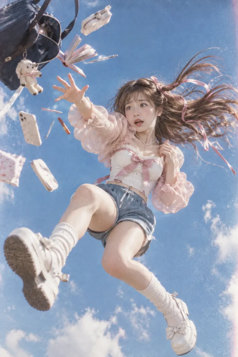 実写AI版｜突風で体勢を崩し飛ぶ持ち物へ手を伸ばすポーズ｜風に反応する女の子のポーズ