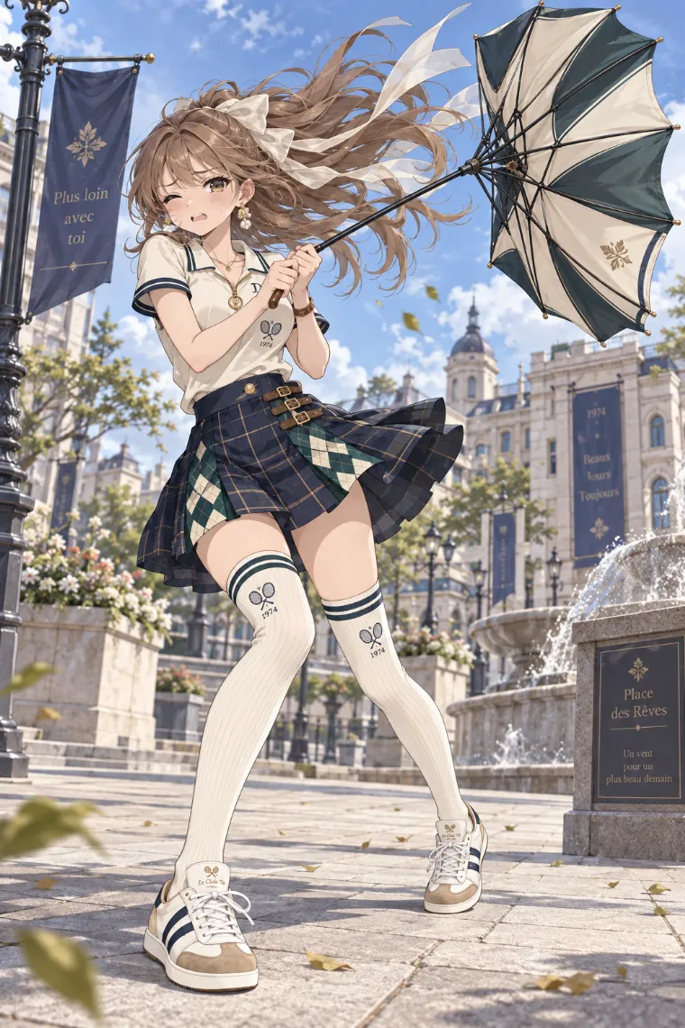 AIイラスト版｜裏返った傘を両手で支えて強風に耐えるポーズ｜風に反応する女の子のポーズ